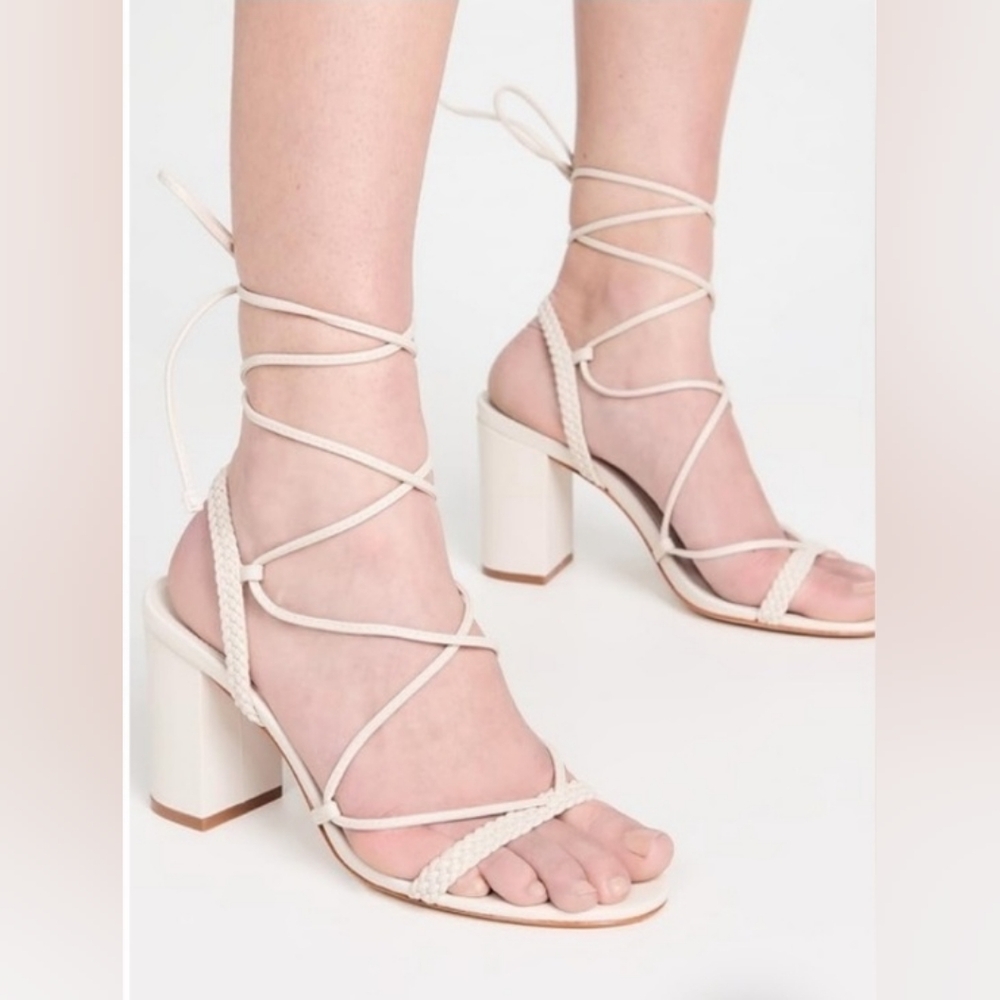 New SCHUTZ Maxima Leather Strappy Braided Wrap Block Heel White Ivory 7.5 - Picture 1 of 12